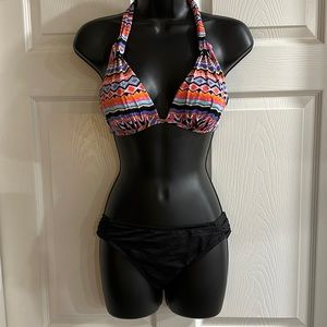 TWP PIECE - Bikini top is multi colored Aztec print. Bottoms are solid black